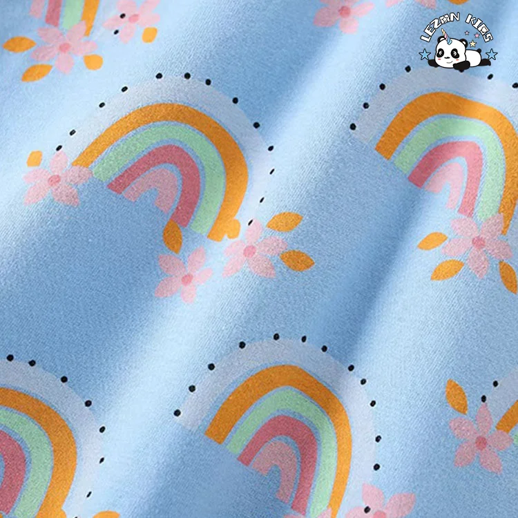 LEZONKIDS - Conjunto de Roupas de Boutique para Meninas com Preço Direto da Fábrica, 2 Peças, Azul, Impressão de Arco-íris Fofo, Personalizável OEM para Verão